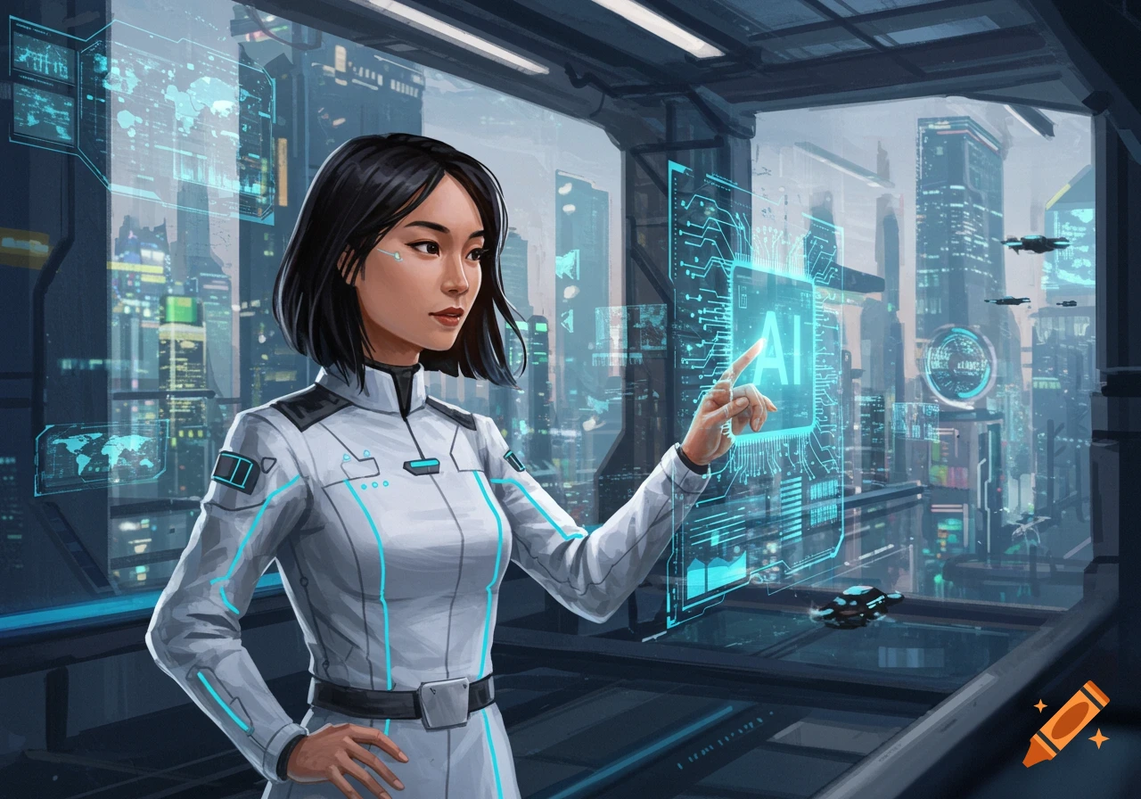Woman in futuristic suit uses AI display in city