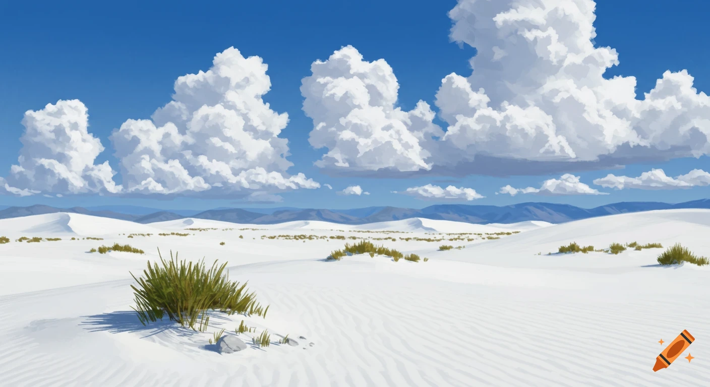 Painterly landscape of white sand dunes under a blue sky with fluffy ...