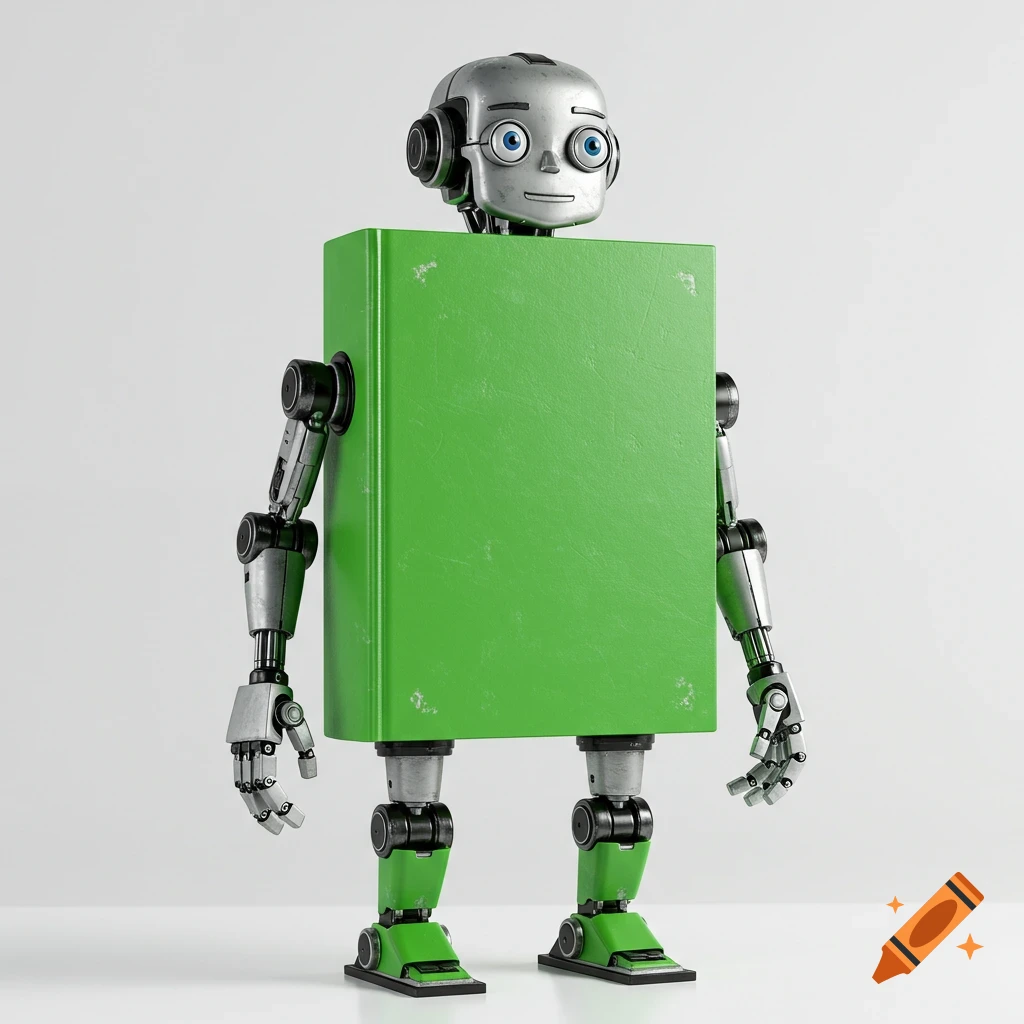A 3D render of a robot with a green book as its body standing against a white background.