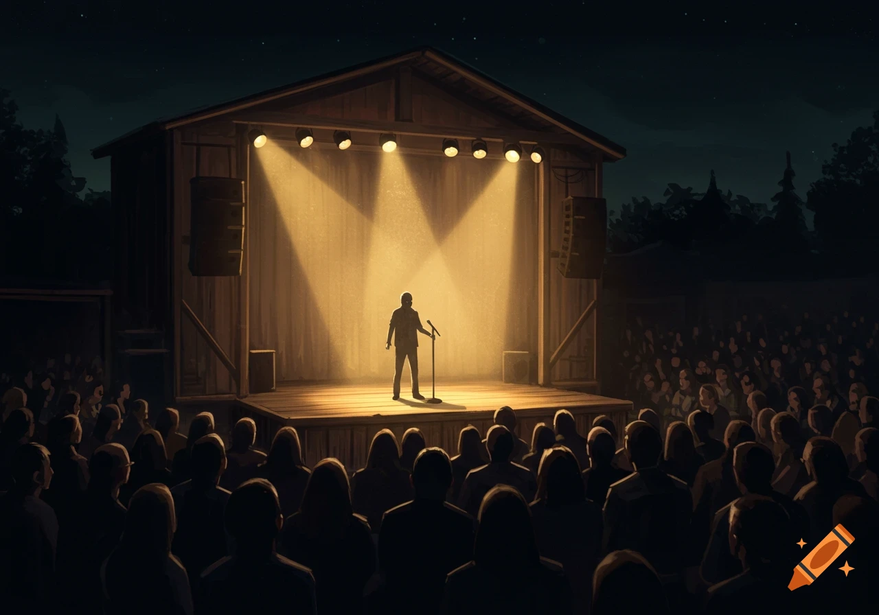 Illustration of a silhouette on an outdoor stage under spotlights, with an audience watching at night.