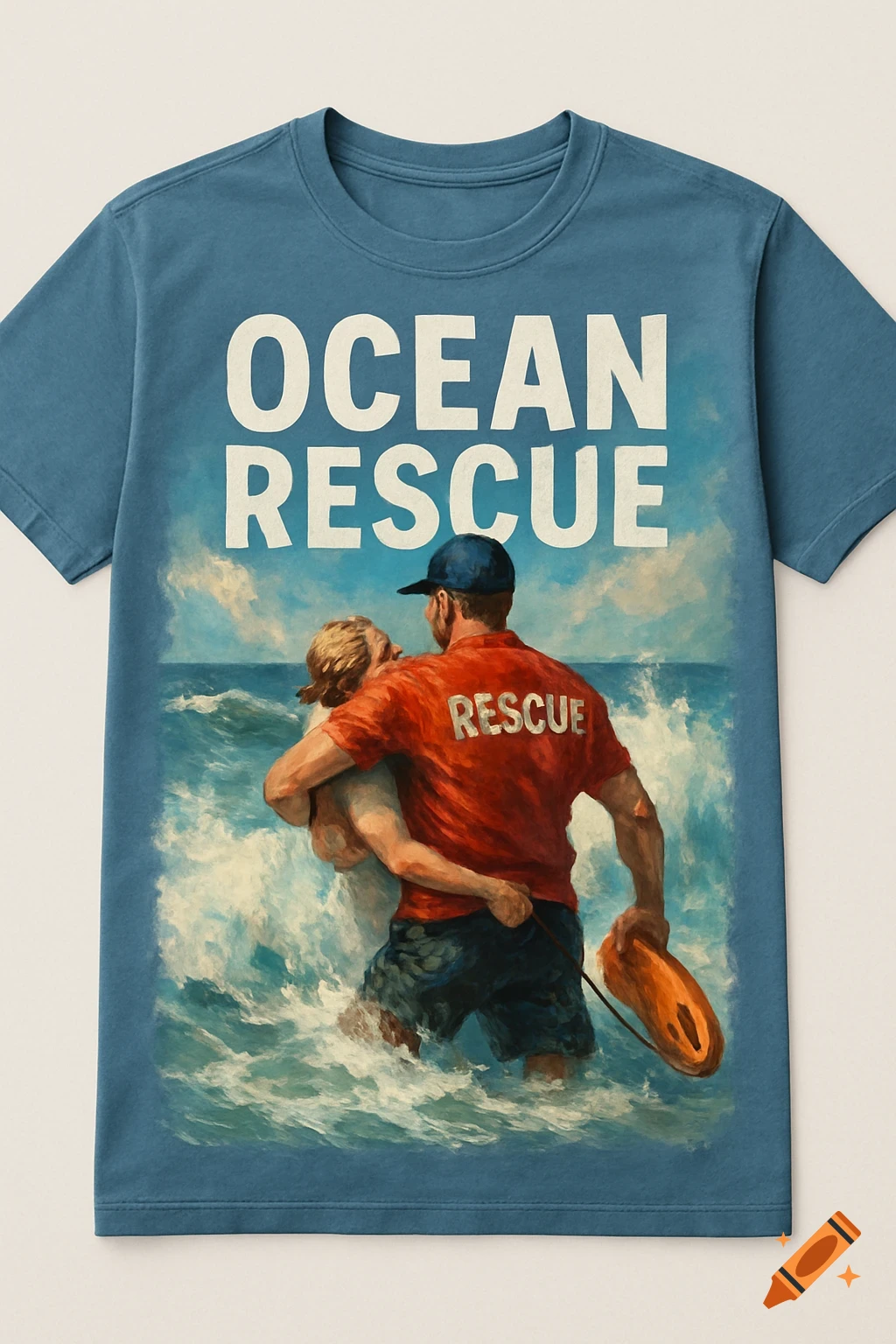 Blue t-shirt with a graphic of a lifeguard carrying someone out of the ocean waves, text says 'OCEAN RESCUE' and 'RESCUE'.