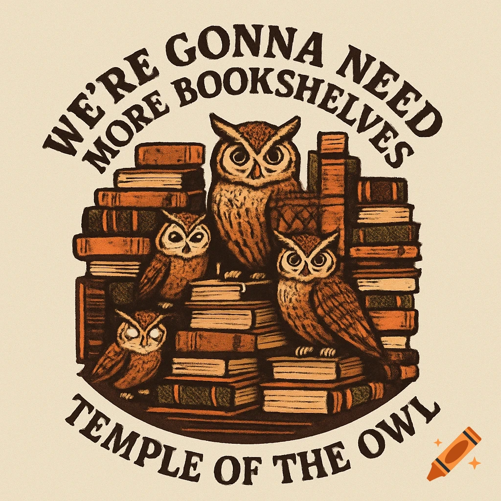 Vintage style illustration of owls on piles of books with text.