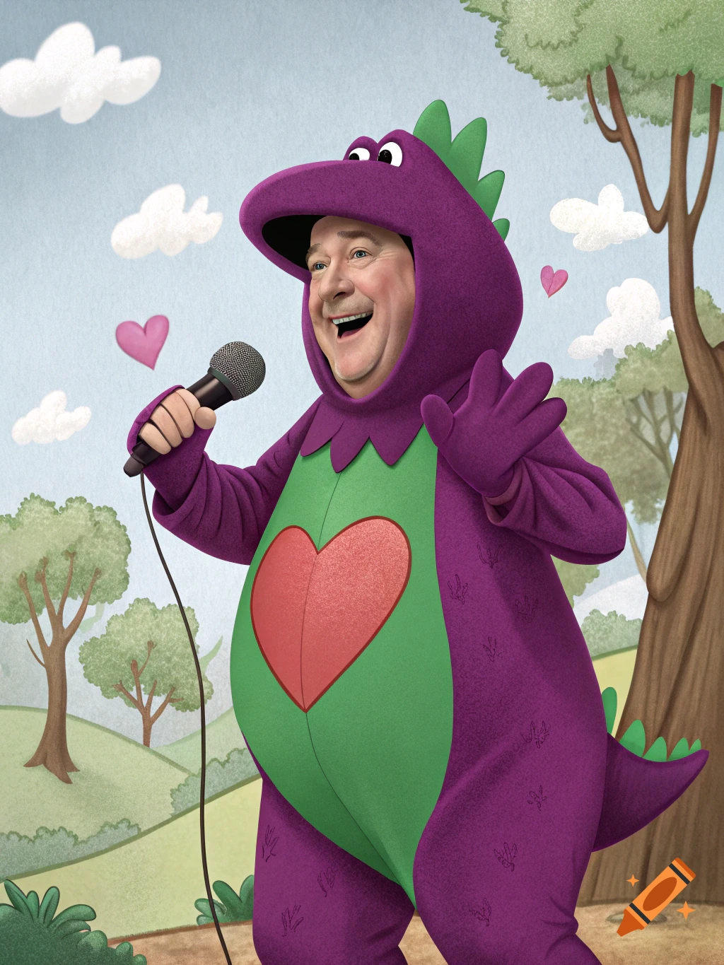 A person wearing a purple dinosaur costume like Barney, with a man's face visible, holding a microphone and singing.