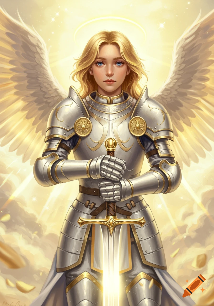 An illustration of an angelic knight in shining silver and gold armor, holding a sword.