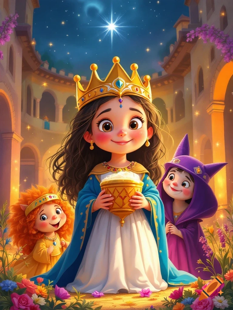 Cartoon illustration of a young girl in a queen's crown and robe holding a pot, with two other children in festive outfits in a courtyard under a starry sky.