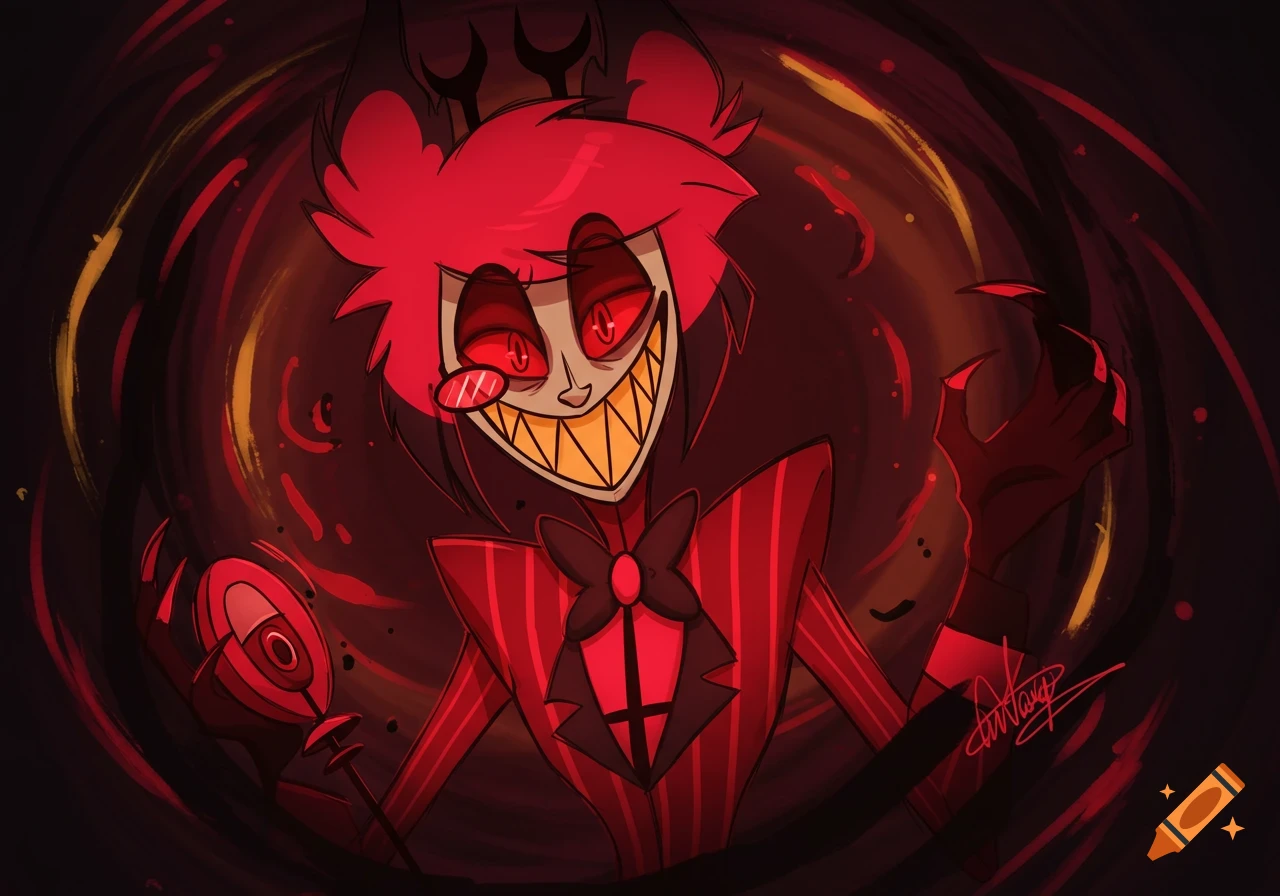 Alastor from Hazbin Hotel, a demon character with red hair and eyes, grinning widely amidst swirling dark energy.