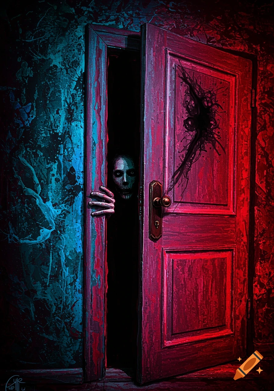 A creepy figure with skeletal hand peers through a doorway, rendered in an action painting splatter style with blue and red light.