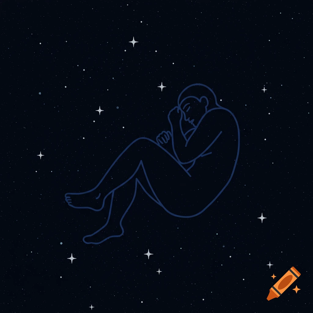 Blue outline drawing of a person sleeping in a fetal position floating in space with stars.