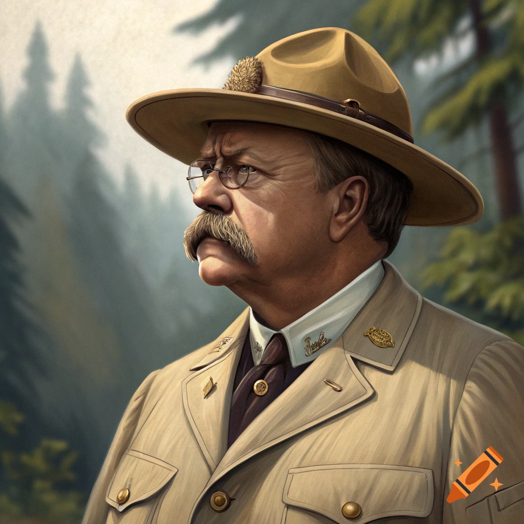 A portrait of Theodore Roosevelt wearing a hat and uniform in a forest.
