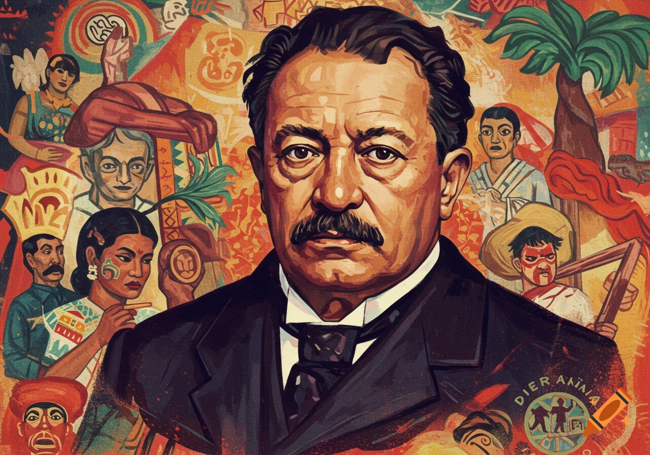 Portrait of a man resembling Diego Rivera in a mural style with figures and symbols.