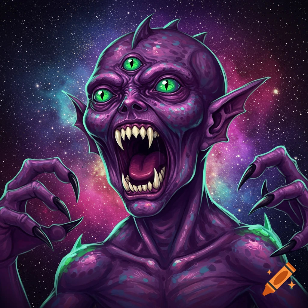 A purple screaming alien with three eyes and claws against a cosmic background.