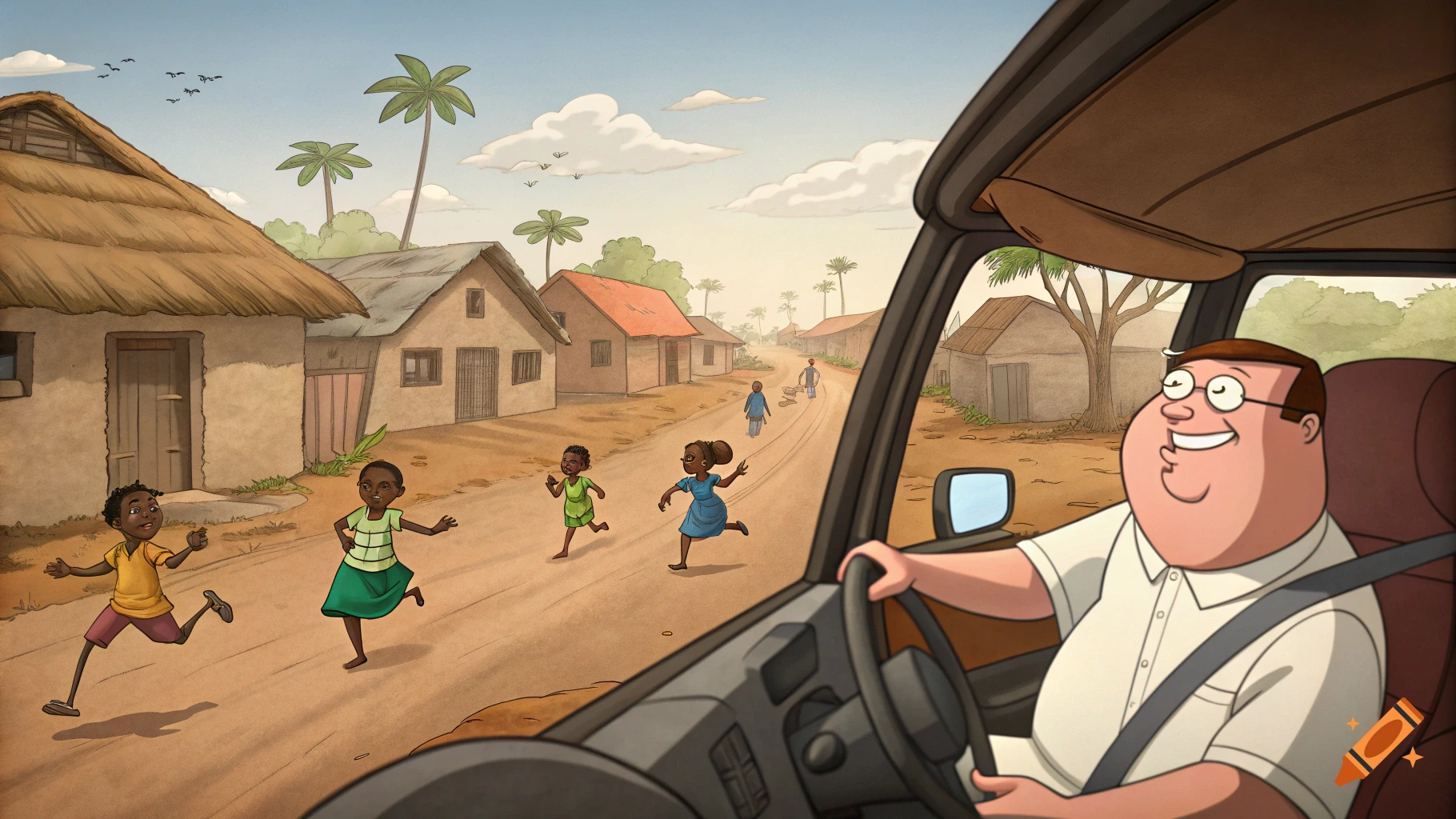 Cartoon of Peter Griffin driving a car through a village with children running.