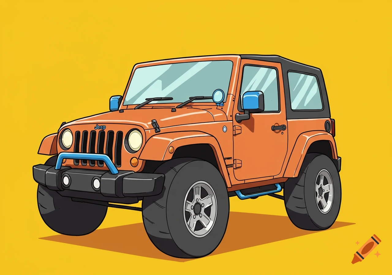 Cartoon orange Jeep with blue accents on yellow background