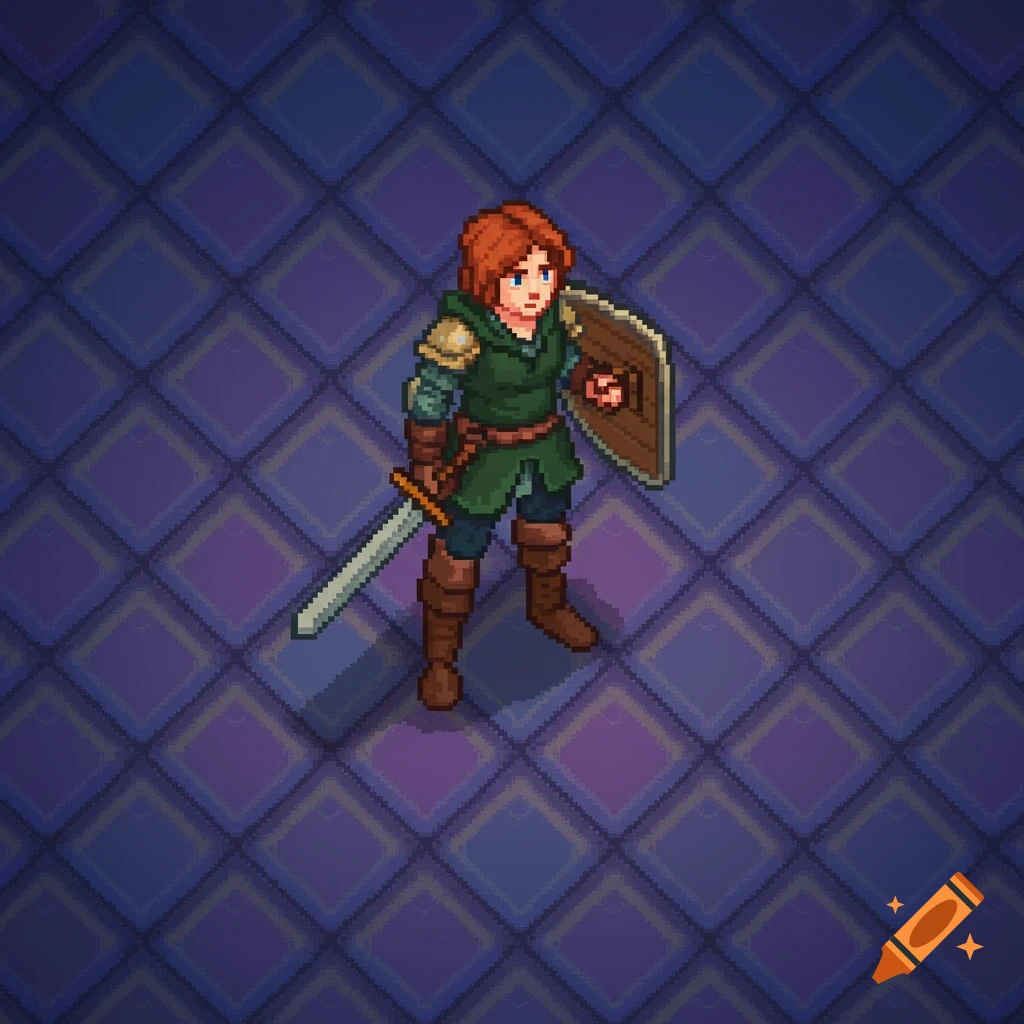 Top down pixel art fantasy character with sword and shield on Craiyon