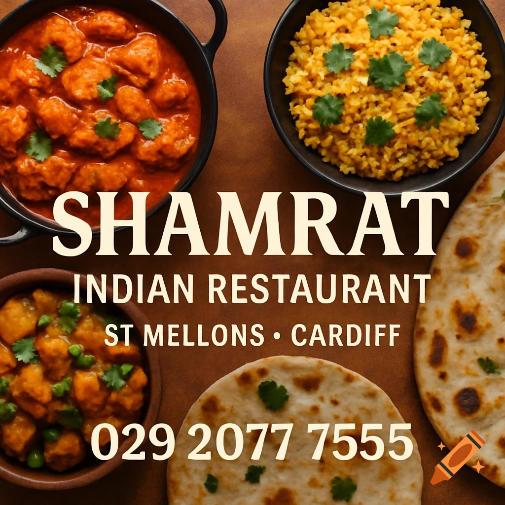 Overhead view of Indian food including curry, rice, and naan with restaurant name and contact information.