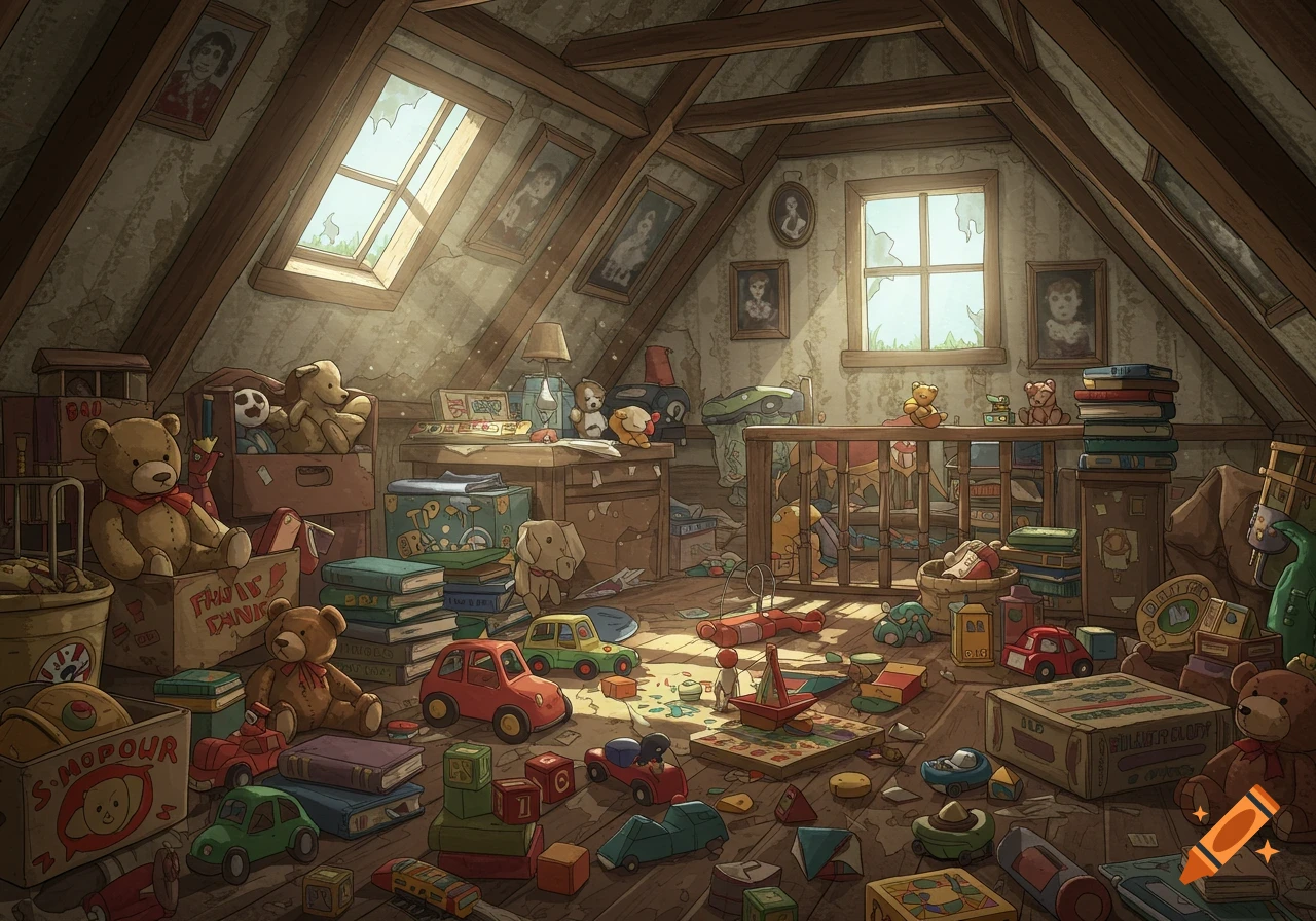 Detailed illustration of a cluttered attic room filled with toys, books, and sunlight.
