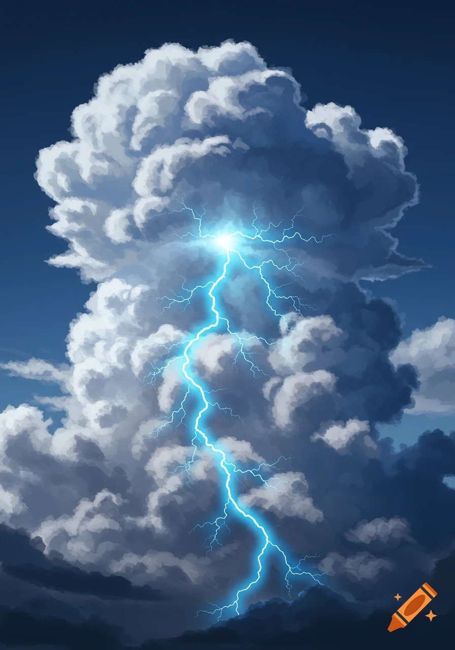 Illustration of a large storm cloud with bright blue lightning.
