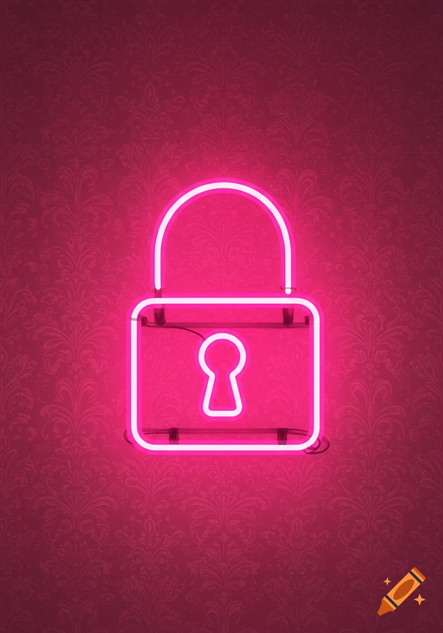 A pink neon padlock is mounted on pink patterned wallpaper.