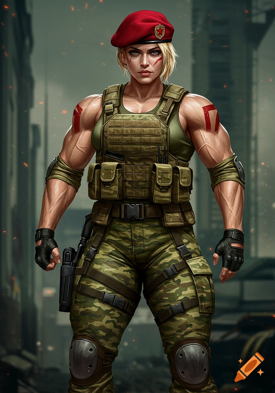 Muscular female commando in tactical gear and red beret standing in a ...