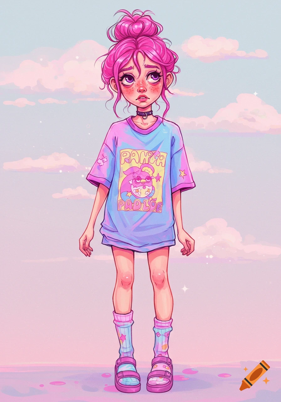 Cartoon illustration of a pink-haired girl in an oversized t-shirt, socks, and sandals against a pastel sky.