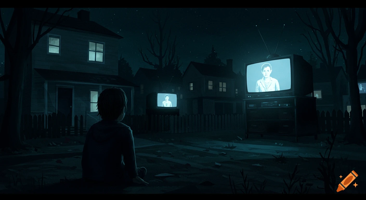 Illustration of a child sitting outside at night watching multiple glowing television screens.