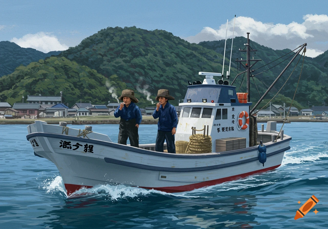 A fishing boat with two fishermen aboard sails past a Japanese town with mountains behind.