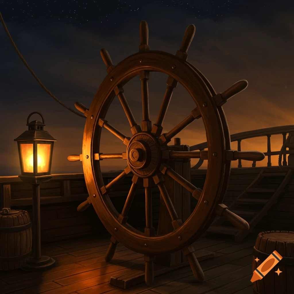 A wooden ship's wheel on a deck at night, illuminated by a lantern.