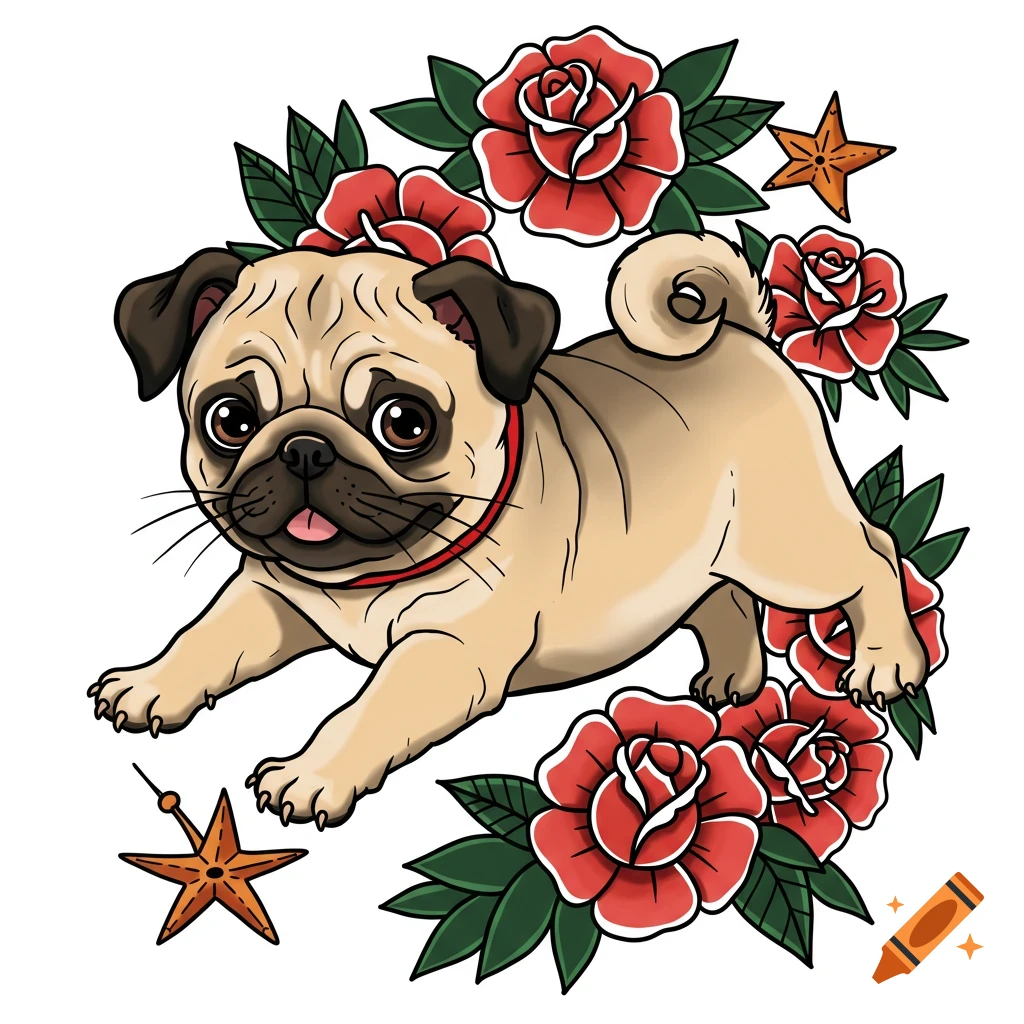 American traditional tattoo style illustration of a pug surrounded by red roses and stars.