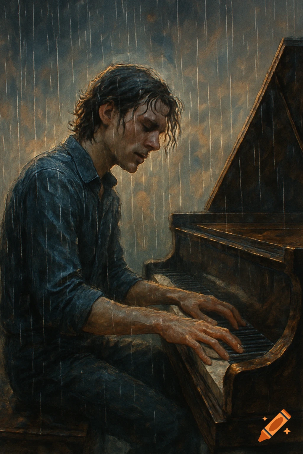 A man plays a piano in the rain in a dramatic painting.