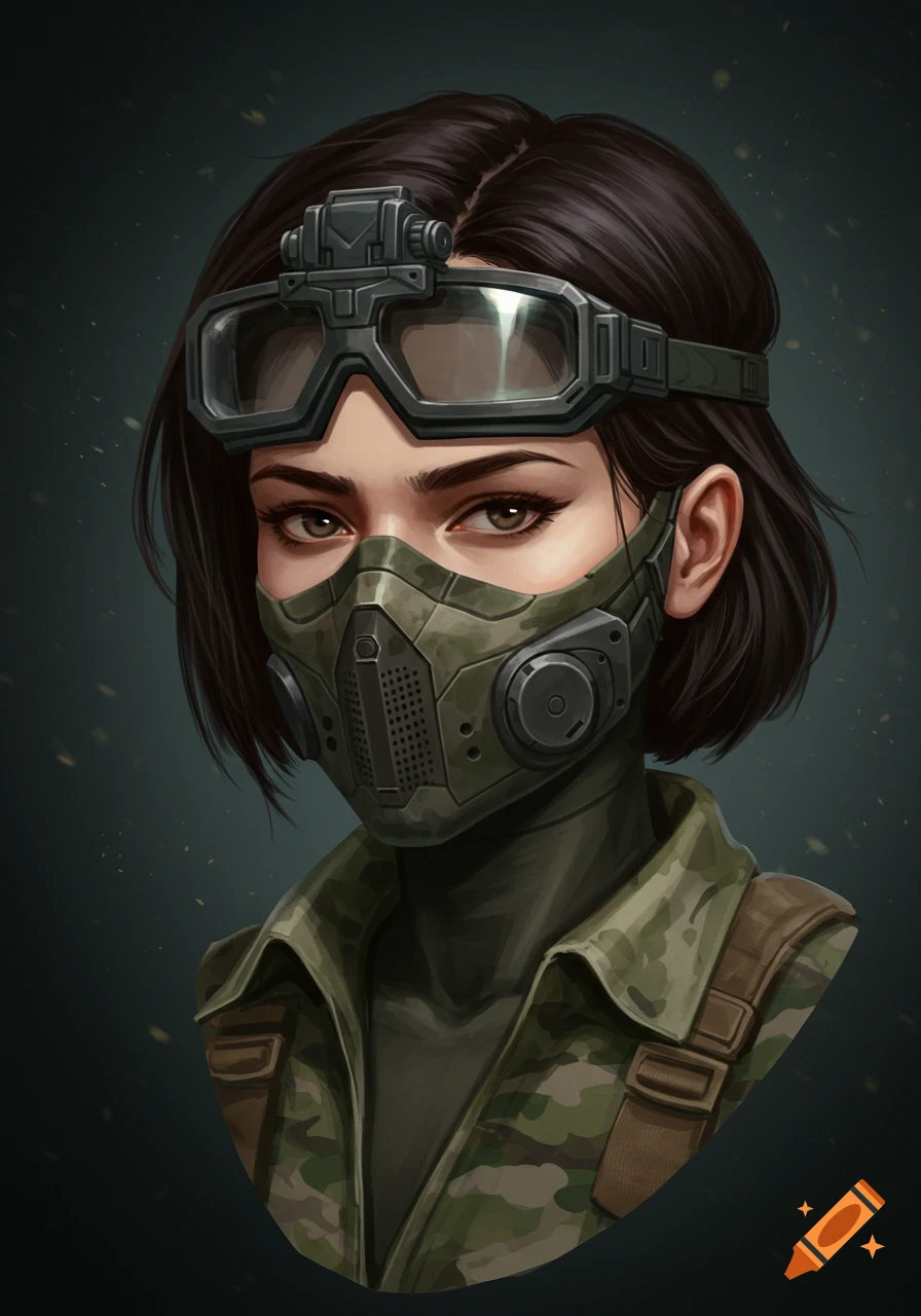 Illustration of a woman wearing tactical goggles and a gas mask.