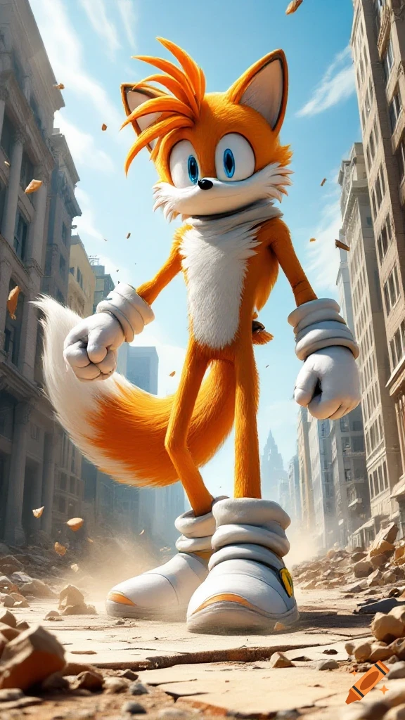 A giant Tails the Fox stands in a destroyed city.