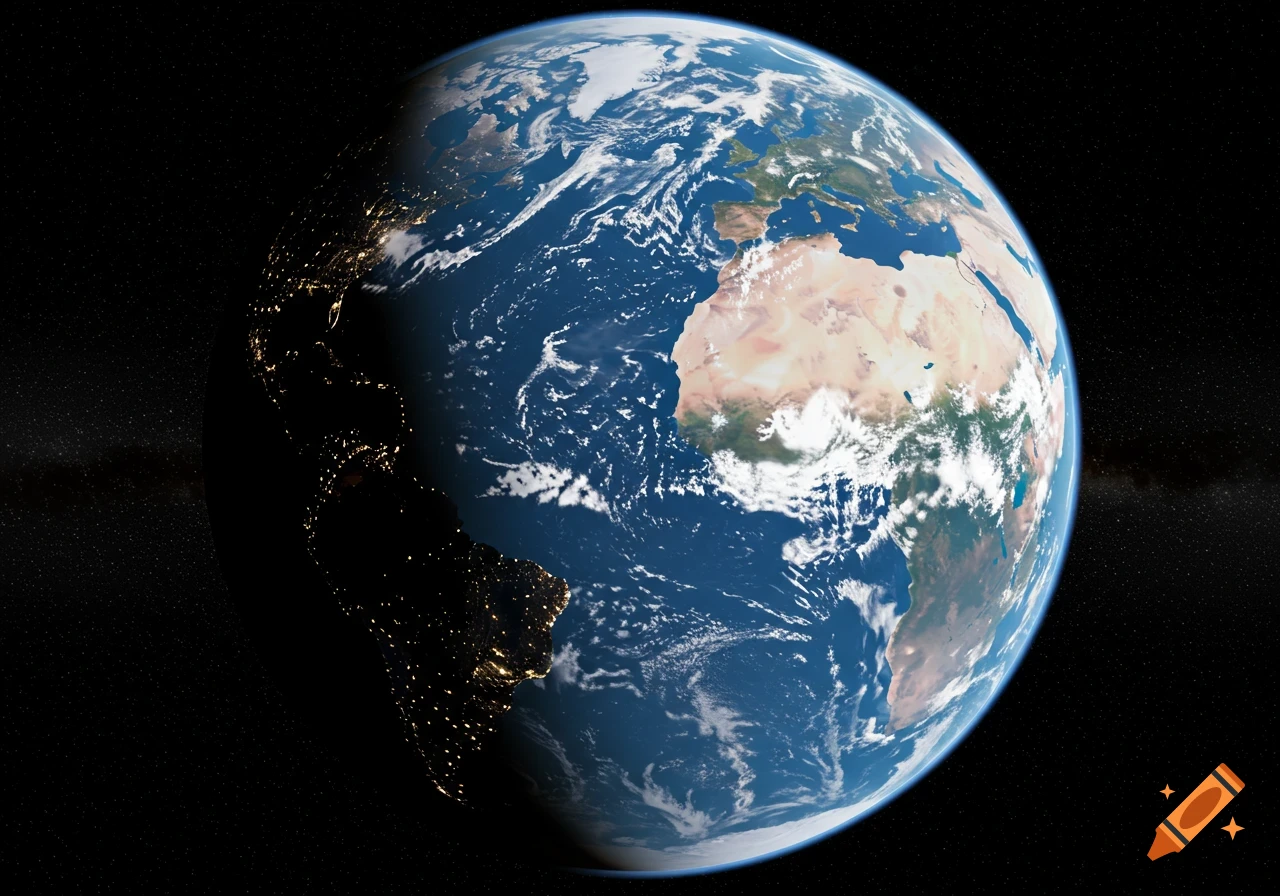 A view of Earth from space, showing continents, clouds, and city lights on the night side.