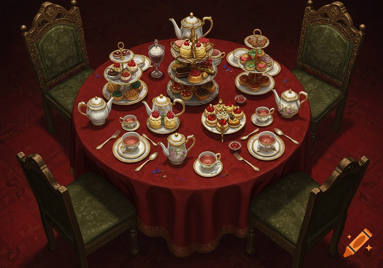 A detailed illustration of a richly decorated tea table set with teapots, teacups, and tiered stands overflowing with pastries and desserts.