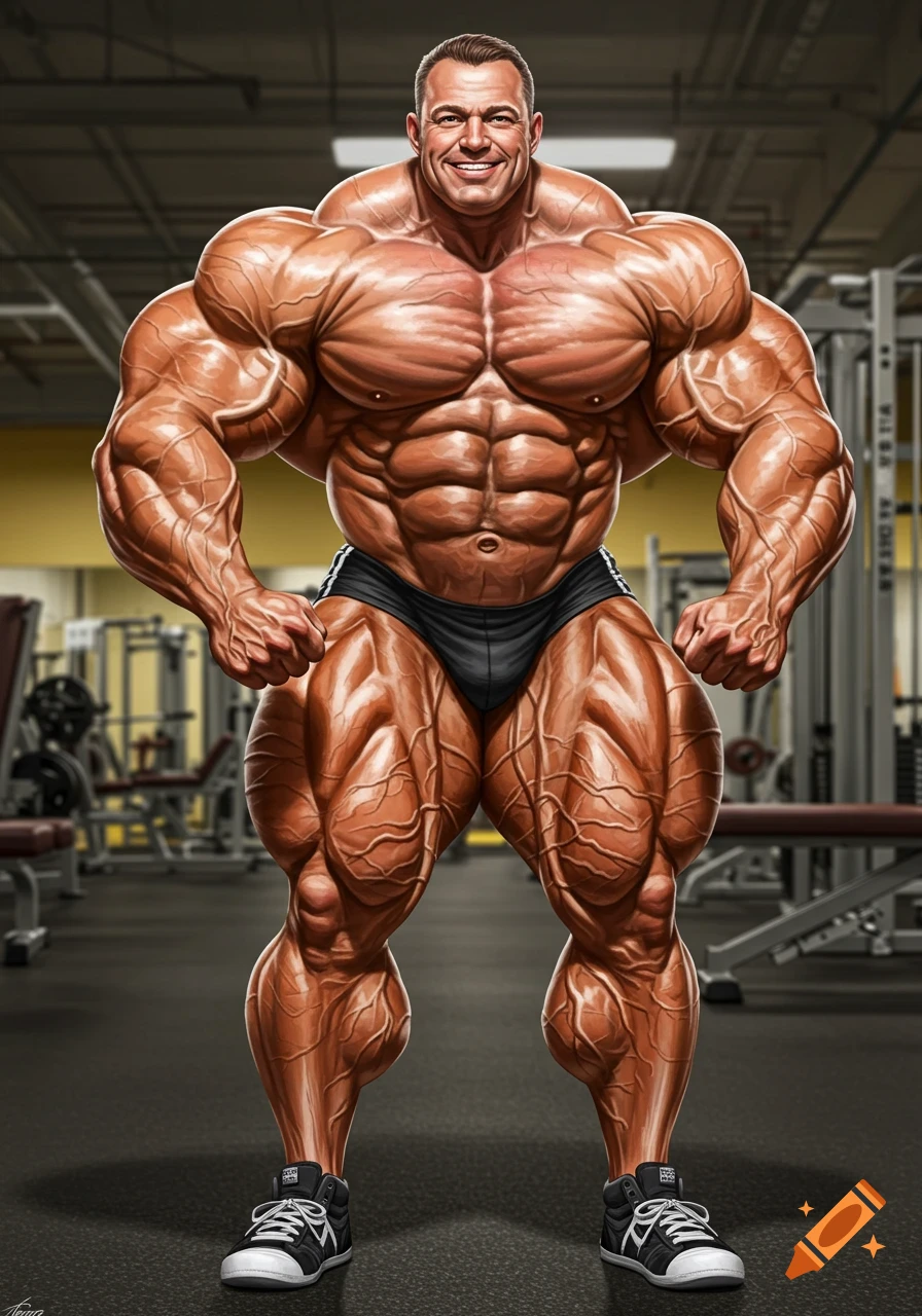 Hyper-muscular man flexing in a gym