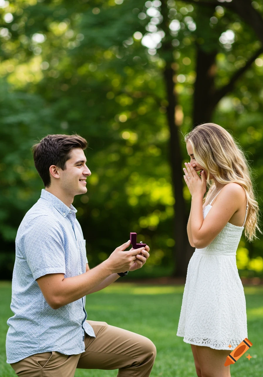 Man proposes to woman with ring in park