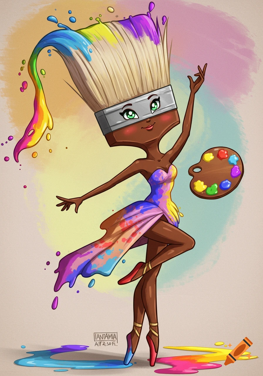 Cartoon paintbrush character dancing ballet, wearing a colorful dress made of paint splashes, with a paint palette nearby.