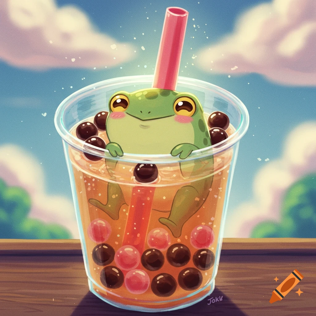 Cute illustration of a green frog sitting in a cup of bubble tea with brown and pink bubbles.