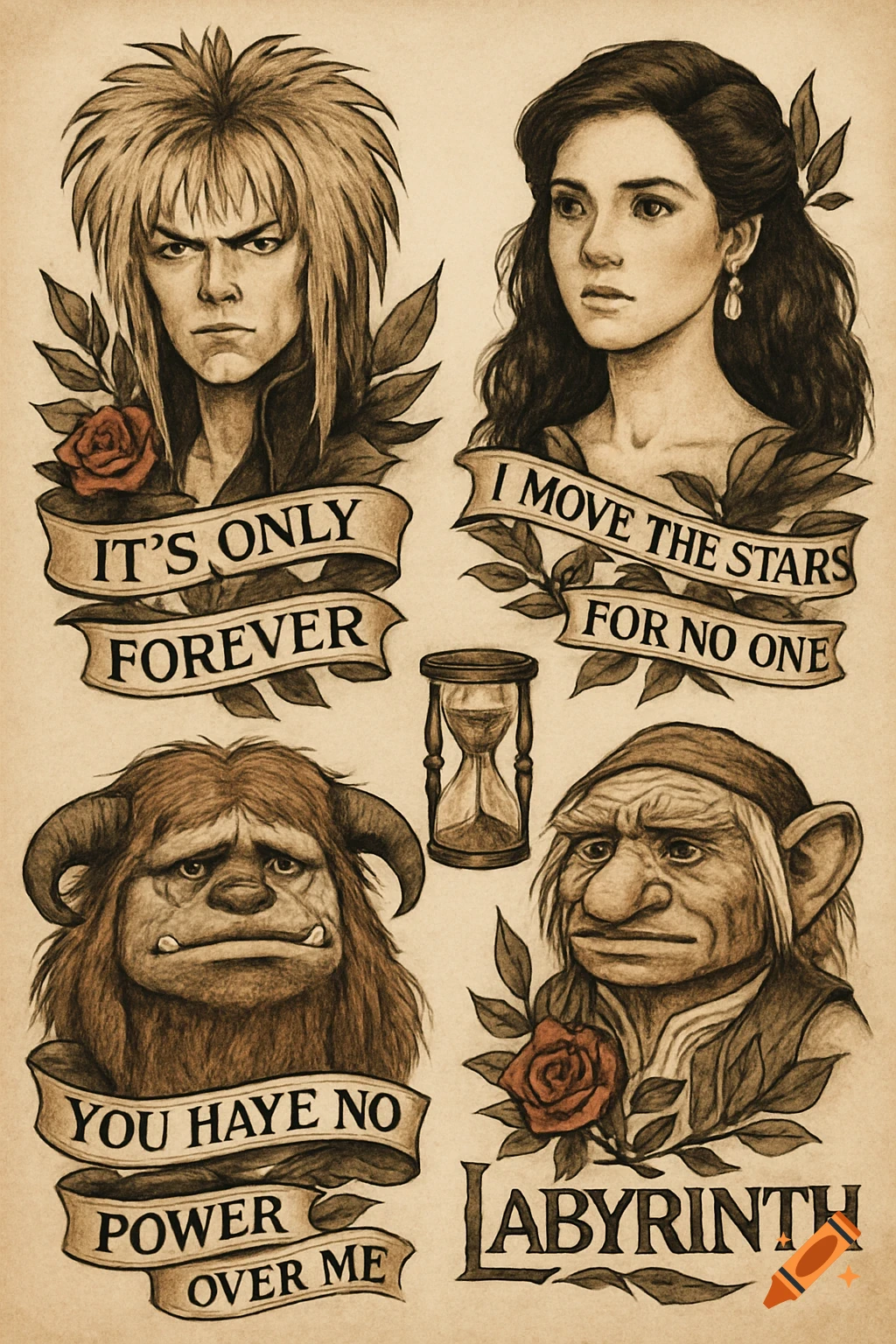 Drawing of Labyrinth characters Jareth, Sarah, and Hoggle/Ludo with quotes, in a tattoo style.