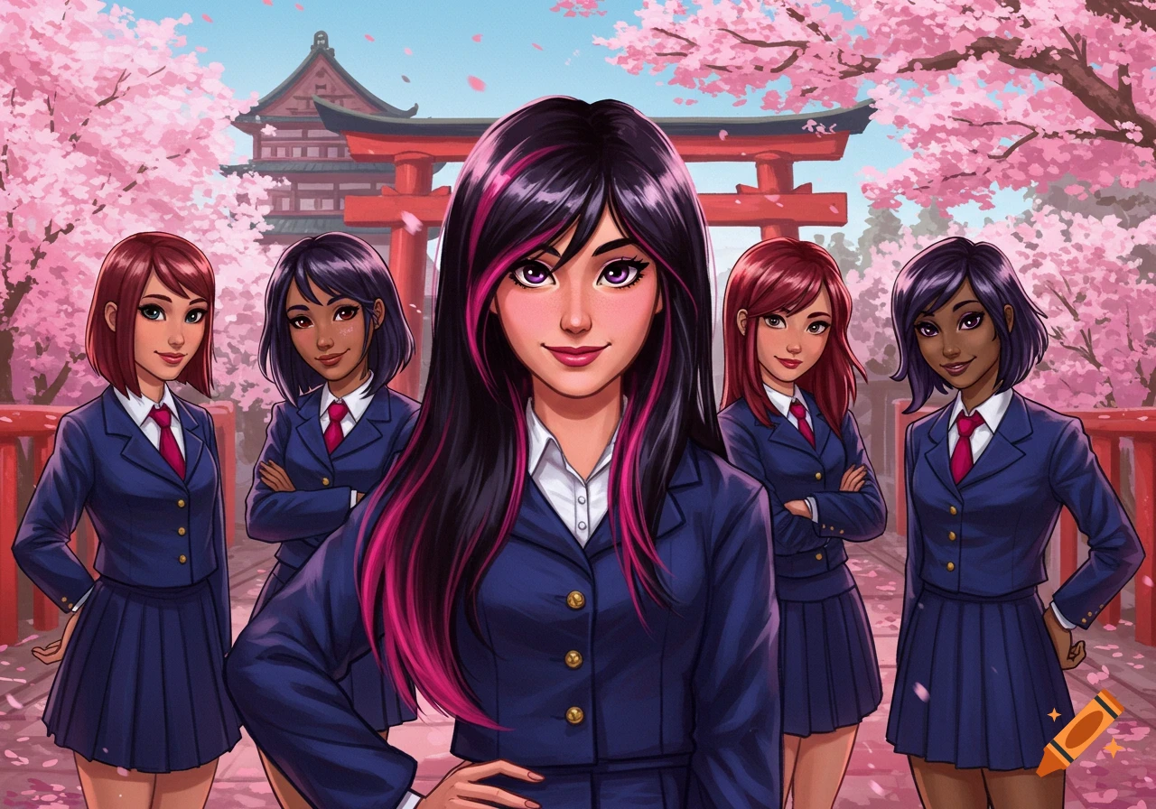 Five young women in Japanese school uniforms stand in front of a temple under cherry blossoms in anime style.