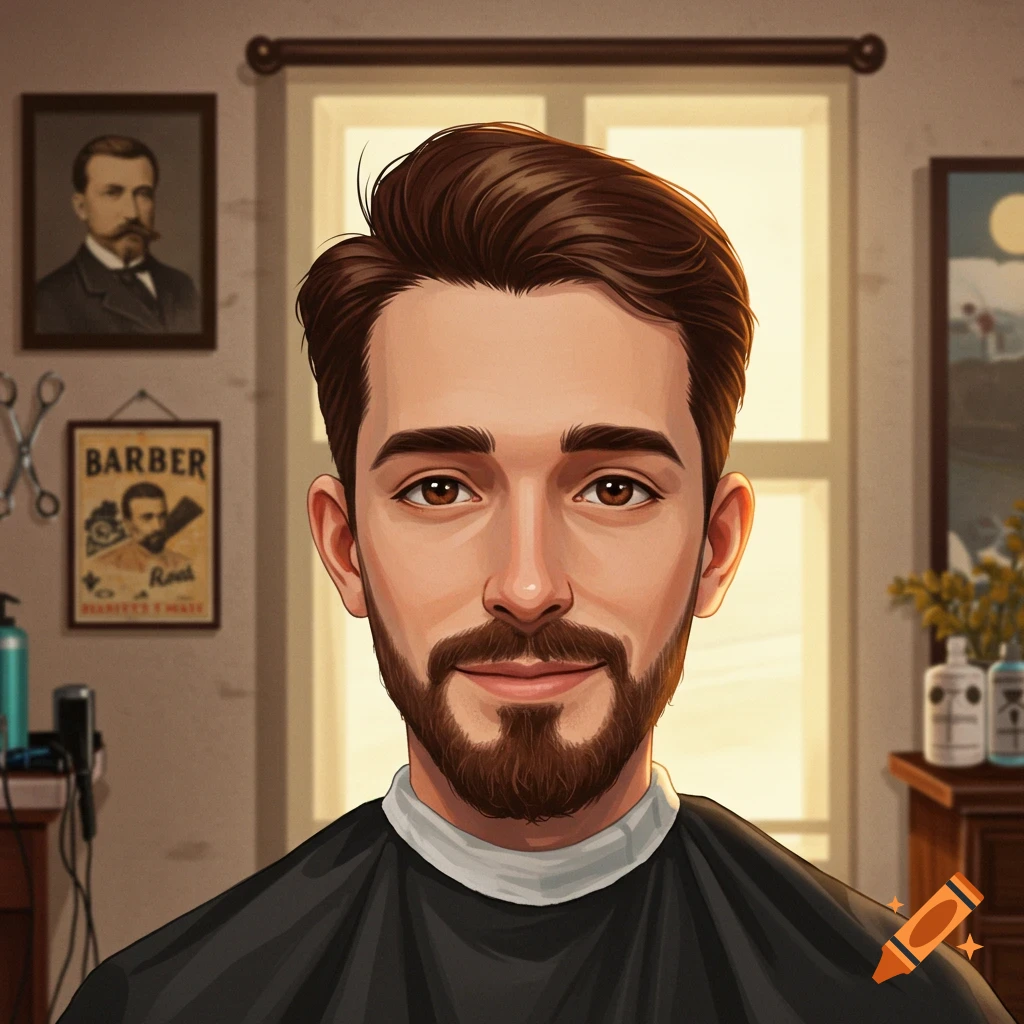 Illustrative portrait of a man with brown hair and beard wearing a barber's cape in a barbershop.