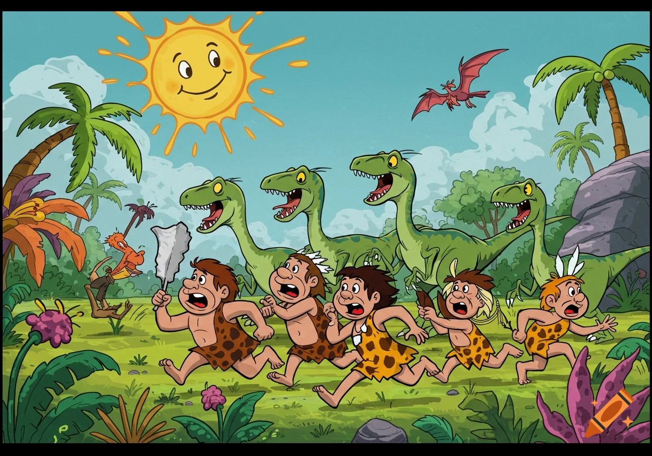 Cartoon cavemen and a monkey run from raptor dinosaurs in a prehistoric jungle.