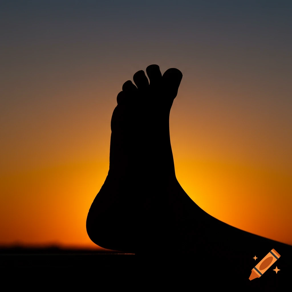 Silhouette of a foot against a sunset sky.