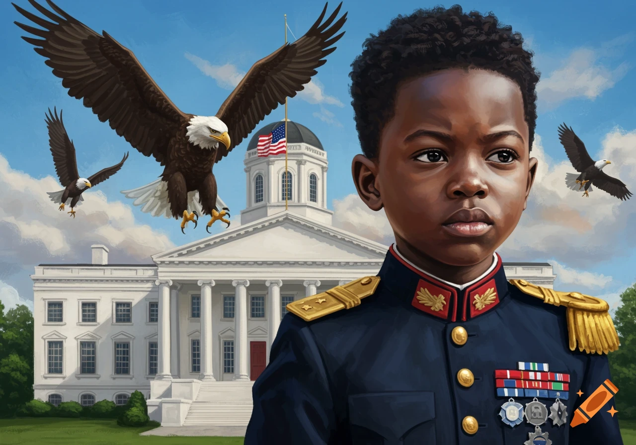 A young boy in a military uniform stands in front of a building with eagles flying behind him, in a realistic style.