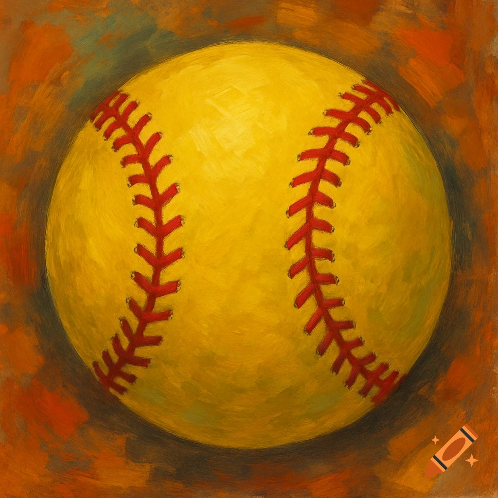 A yellow softball with red stitching in a textured, painterly style.
