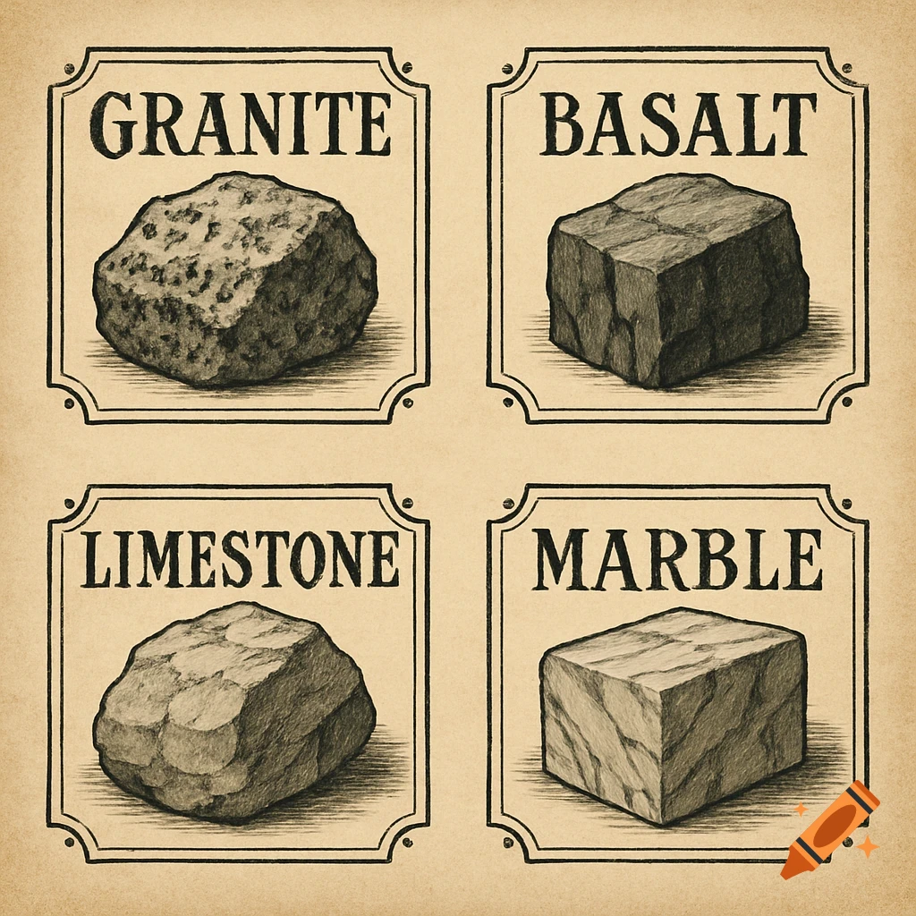Four illustrated labels showing granite, basalt, limestone, and marble rocks.