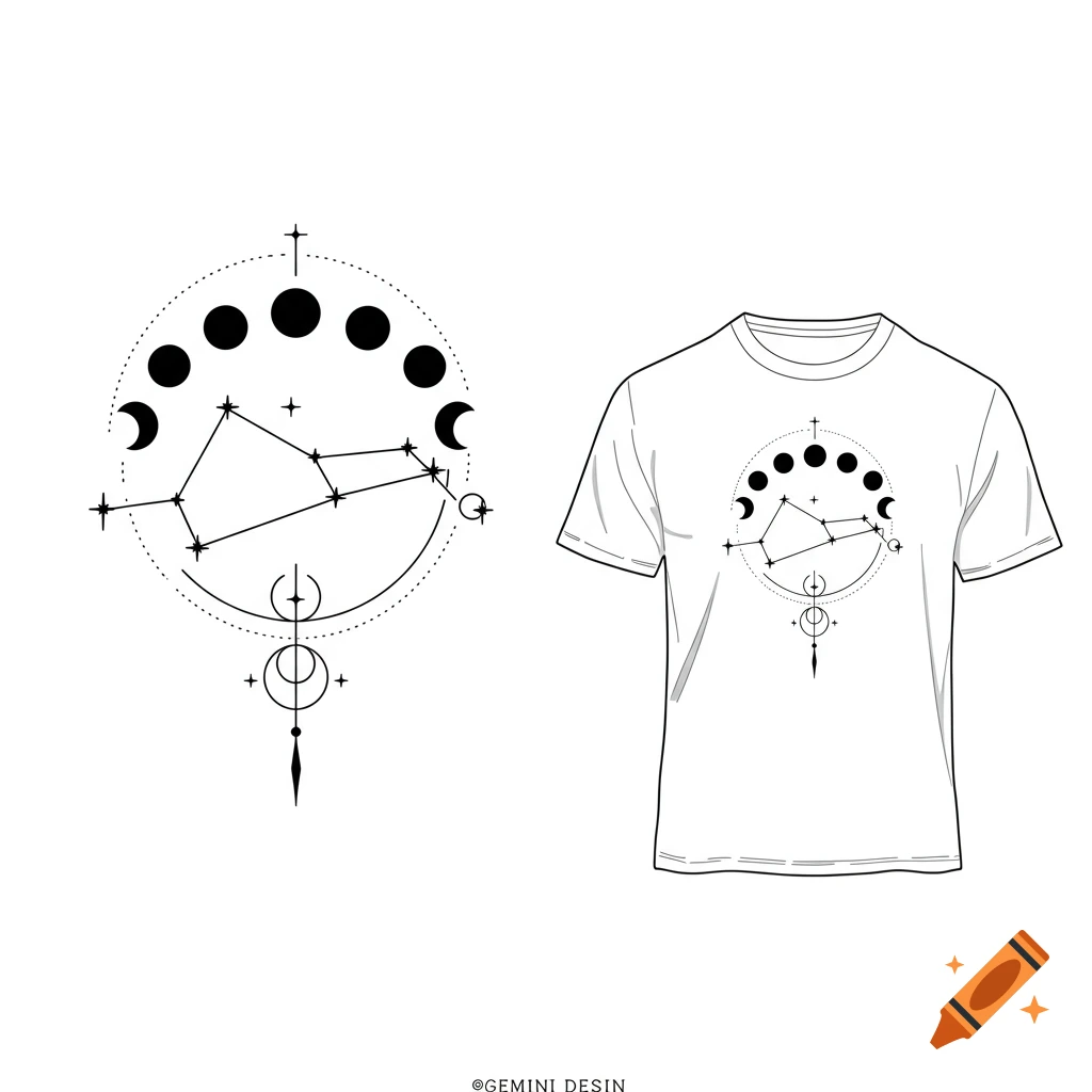 Minimalist black and white line art of a constellation with moon phases and stars, displayed next to a white t-shirt with the design printed on it.