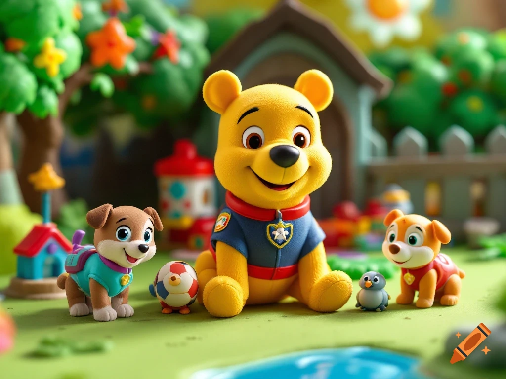 Toy figures resembling cartoon characters in a diorama yard scene