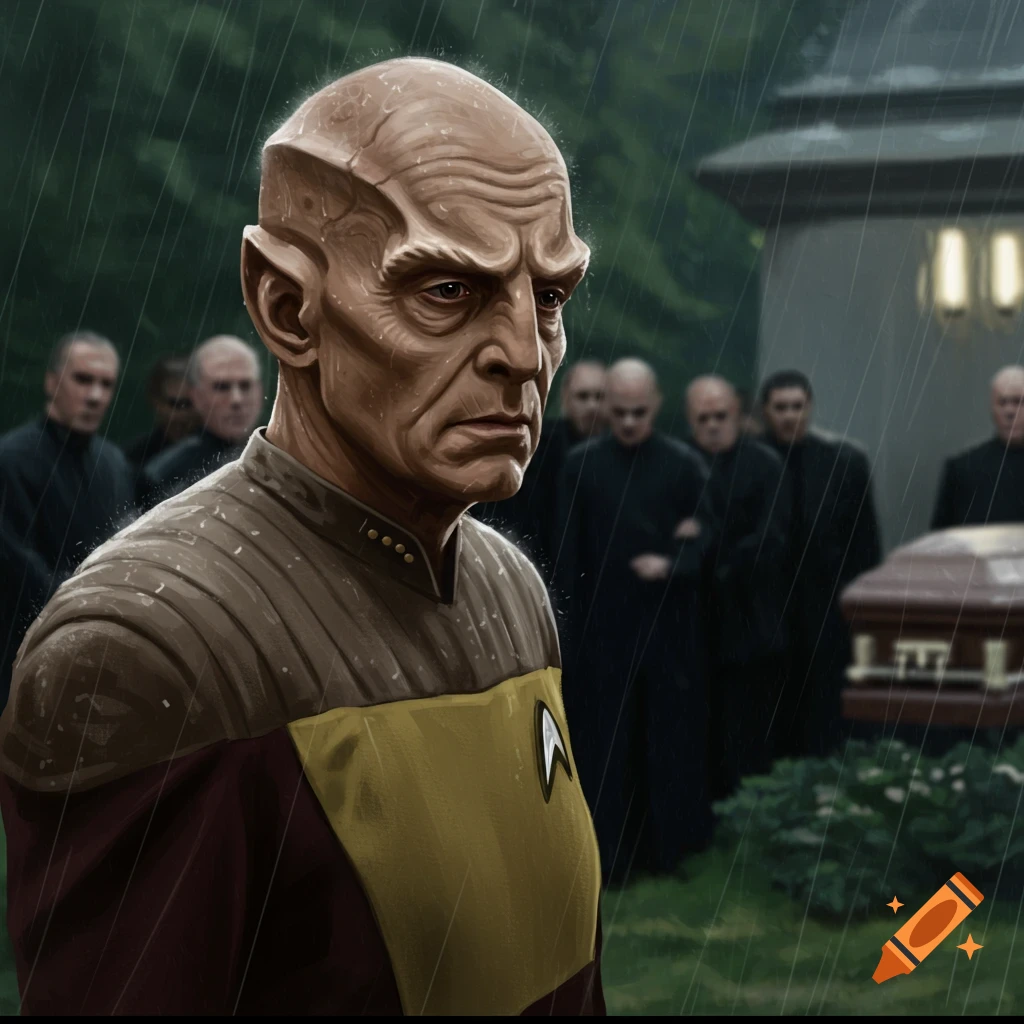 Illustration of the Star Trek character Morn at a rainy funeral service.