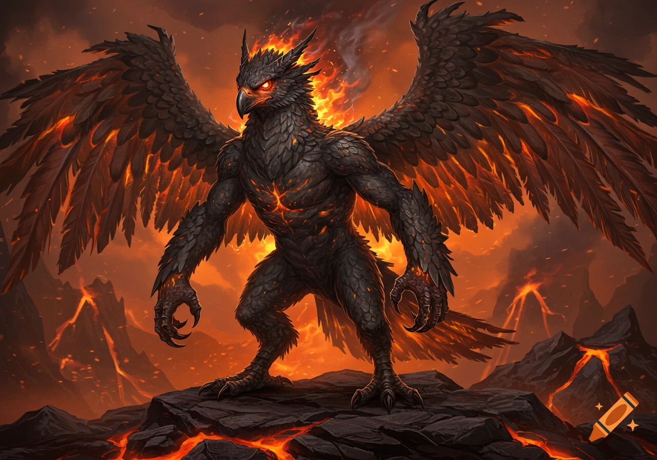A powerful avian creature with fiery wings and ash feathers stands on volcanic rock.