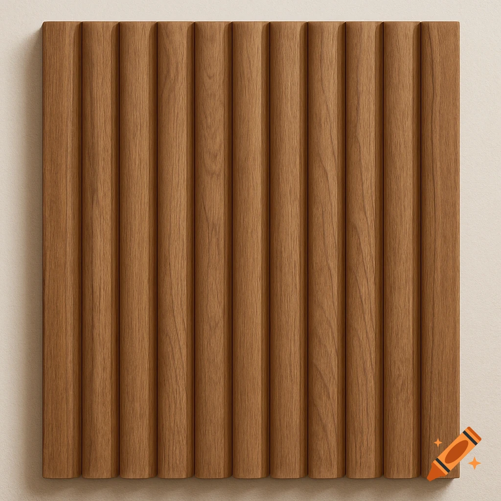 Close-up view of a light brown wooden panel with vertical fluted grooves.